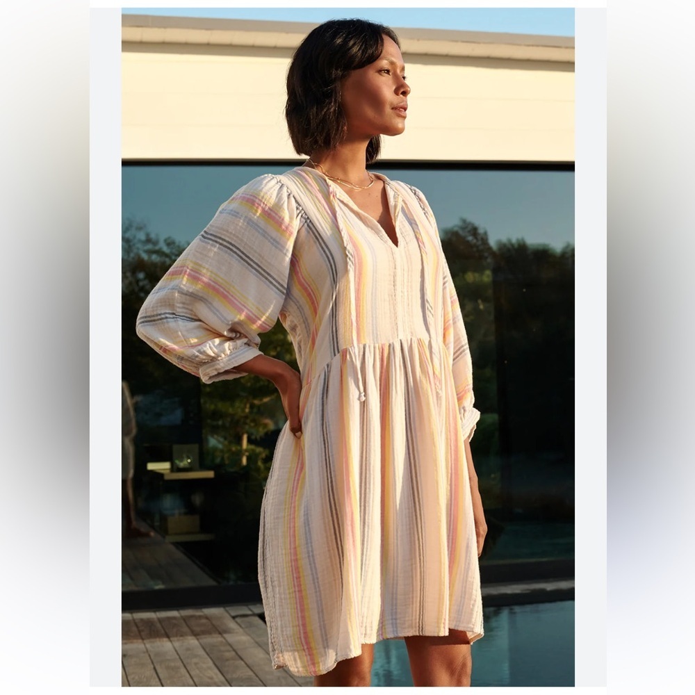 Anthropologie Sundry cream Pastel Stripe Gauze Mini Dress Size XS blouson sleeve